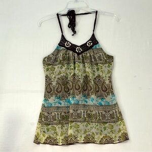 Crocheted Boho Halter Top Womens Size Medium Brown Green Lined